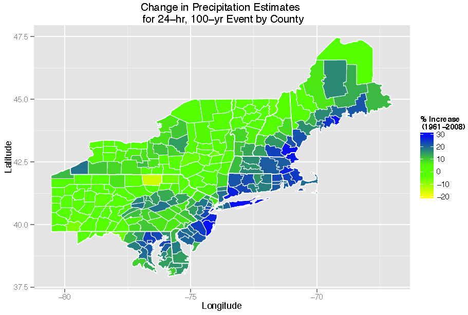 A map showing the change (-20 to +30) in precipitation estimates for the 24-hr, 100-year (extreme rain) event by county from 1961 to 2008.