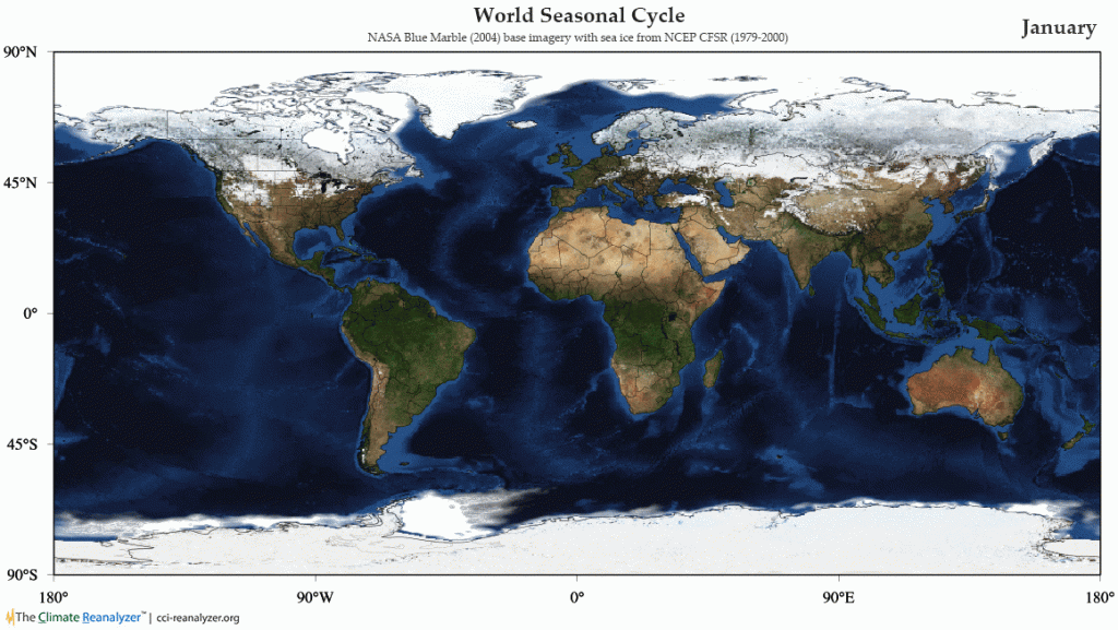 Global map showing the cycling of snow and vegetation