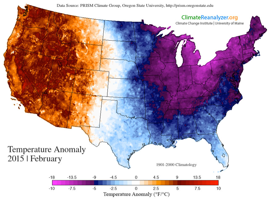Temperature anomaly map for the U.S. for February 2015 relative to a 1901-2000 climate baseline.