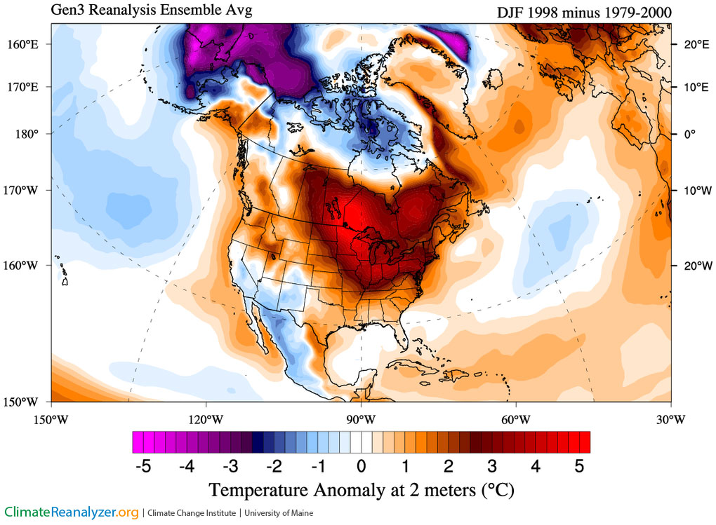 Figure 6. Winter (DJF) 1998 temperature departure from normal (1979-2000 baseline) showing overall very warm conditions across the middle latitudes of eastern North America.
