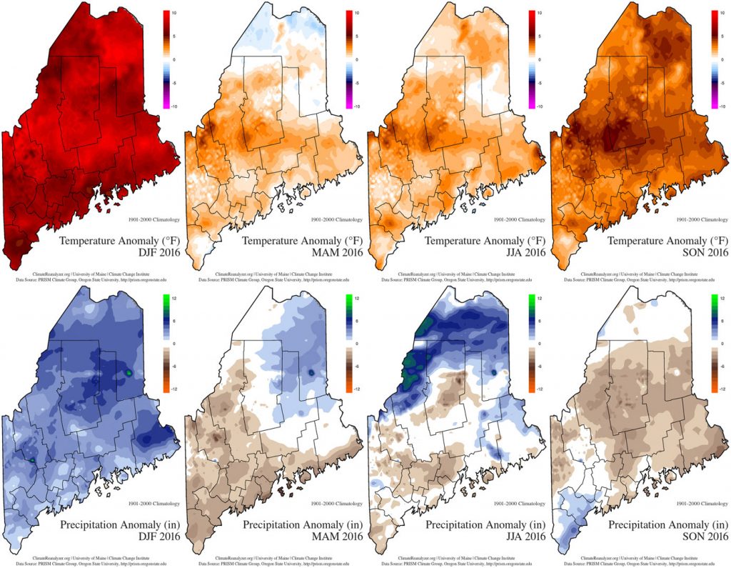 Figure 3. Maps of the 2016 seasonal temperature (top) and precipitation (bottom) anomalies, 1895-2016.