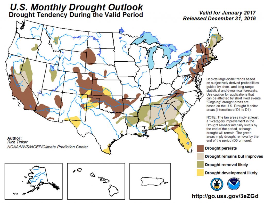 Figure 7. The NOAA U.S. monthly drought outlook for January, 2017.