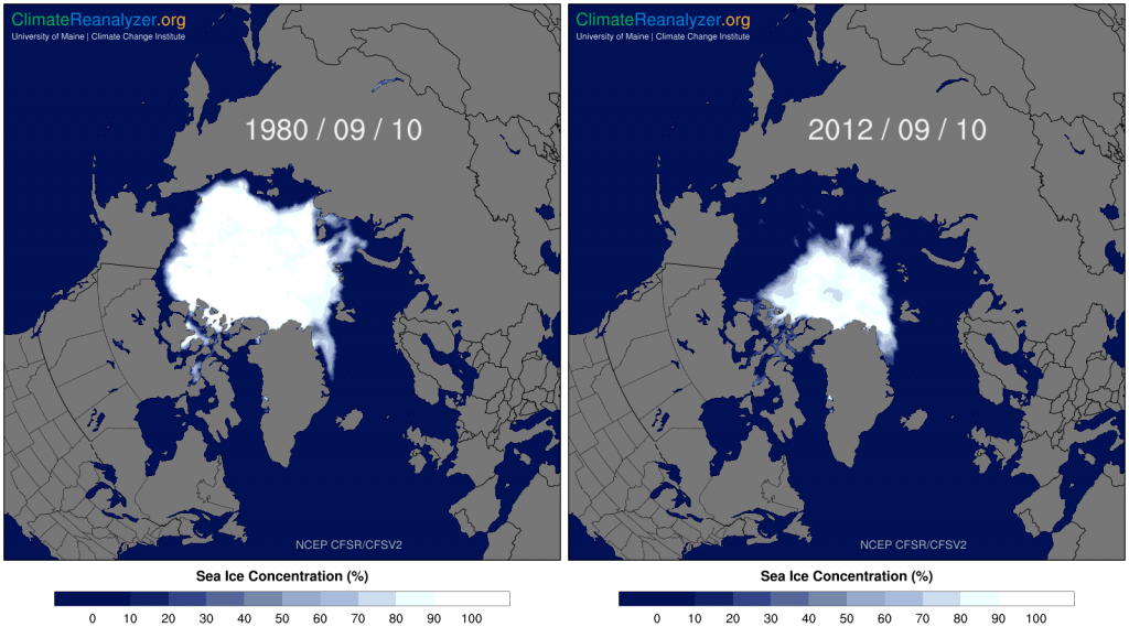 Figure 11. Satellite observed sea-ice concentration at the end of the summer melt season in 1980 and 2012.
