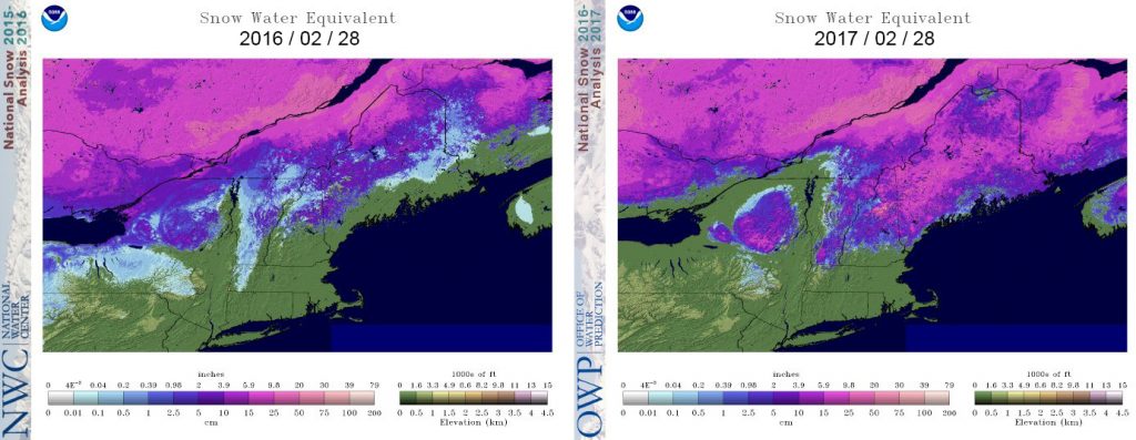 Figure 4. Comparison of February 28 snowpack for 2016 and 2017. Image from the NWS National Hydrologic Remote Sensing Center.