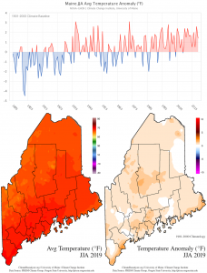 Statewide JJA average temperature anomaly (1901-2000 baseline) timeseries and maps. Timeseries data from the NOAA U.S. Climate Divisional Database [2]. Spatial data from the PRISM Climate Group [3]. See also Monthly Climate Data [4] on the Maine Climate Office website.
