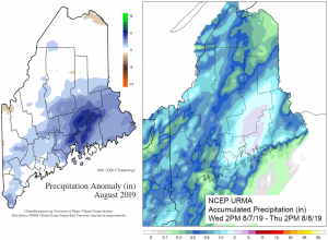 Maps of a) August 2019 total precipitation anomaly, and b) Accumulated precipitation 7-8 August, 2019. Spatial data from the PRISM Climate Group and the NCEP Unrestricted Mesoscale Analysis (URMA).