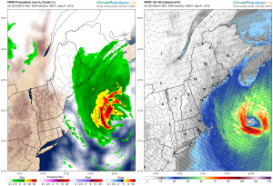 Rainfall and wind speed forecasted by the High Resolution Rapid Refresh (HRRR) model during the passage of Hurricane Dorian heading toward Nova Scotia. Click image to view forecast animation. See also Hourly Forecast Maps on Climate Reanalyzer.