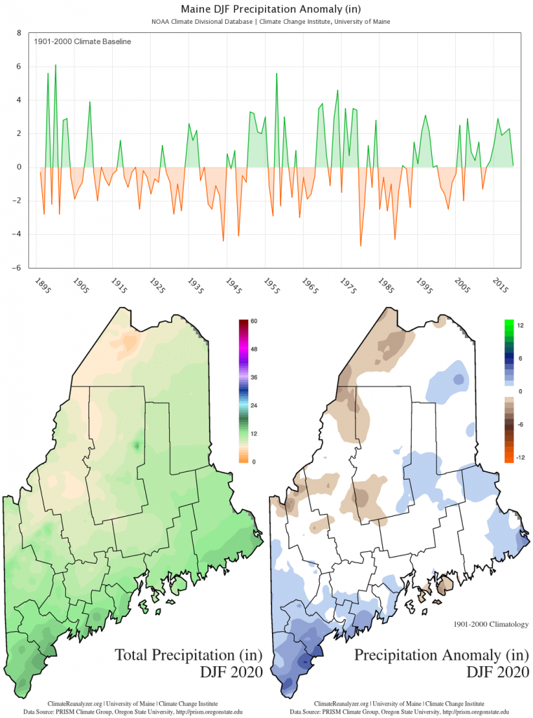 Figure 2. Statewide DJF total precipitation anomaly (1901-2000 baseline) timeseries and maps.  Timeseries data from the NOAA U.S. Climate Divisional Database.  Spatial data from the PRISM Climate Group.  These charts are also available on the Maine Climate Office website.