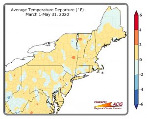 Map showing areas in the Northeast that experienced temperature departures from normal (°F), March 1 – May 31, 2020. 