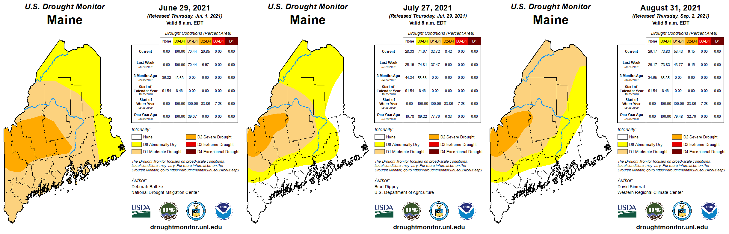 maps of Maine showing drought info for June, July, and August