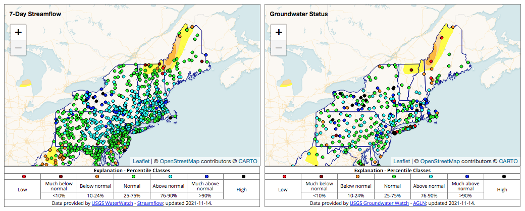 Maps showing Seven-day streamflow and groundwater observations in the northeast US