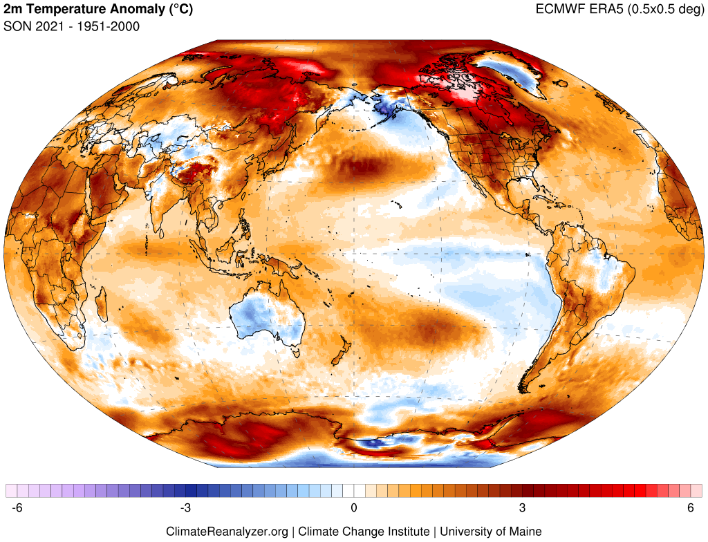 Map showing SON 2021 worldwide near-surface air temperature anomalies