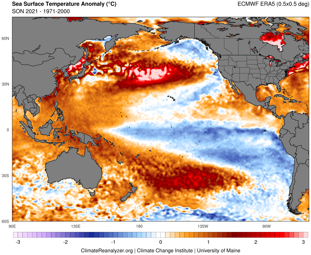 Map showing SON 2021 worldwide sea surface temperature anomalies