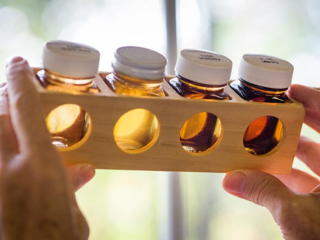 maple syrup grading kit held up to light