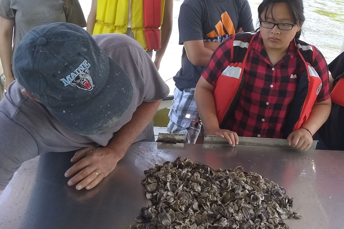 a 4-H leader and 4-H youth member participating in aquaculture activities at an oyster farm