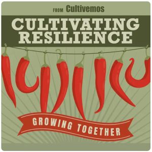 artwork for the Cultivemos Cultivating Resilience podcast showing graphics of chili peppers and the words "Growing Together" in a banner