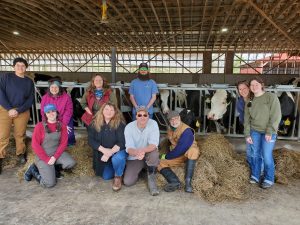 Farmer sitters in training at a dairy barn with cows
