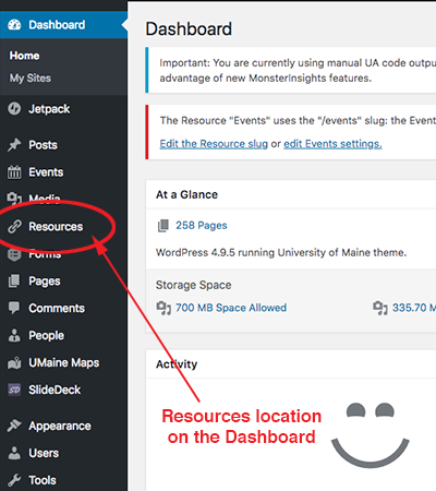 screenshot of resources location on the wordpress dashboard