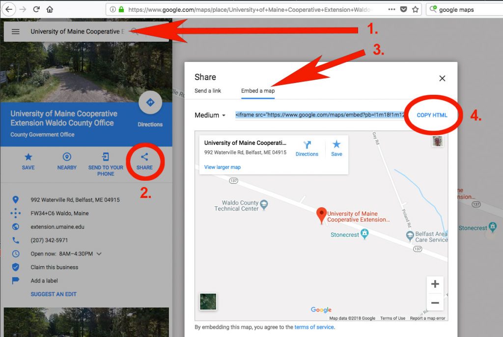 screenshot showing where to find Google Maps embed code