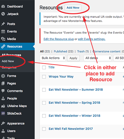 screenshot of how to add a new resource to wordpress