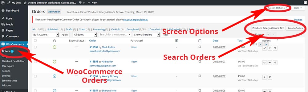screenshot of Opening screen of WooCommerce Orders tab: Orders, Screen Options and Search Orders