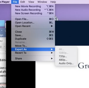 screenshot of the pull-down menu in Quicktime, to export an optimized photo