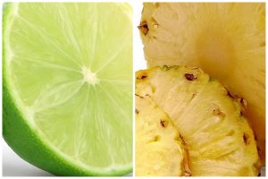 two images - one of a lime cut open and the other of pineapple that has been sliced