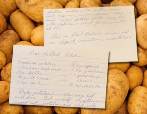 recipe cards for crab stuffed potatoes superimposed over a stock photo of potatoes
