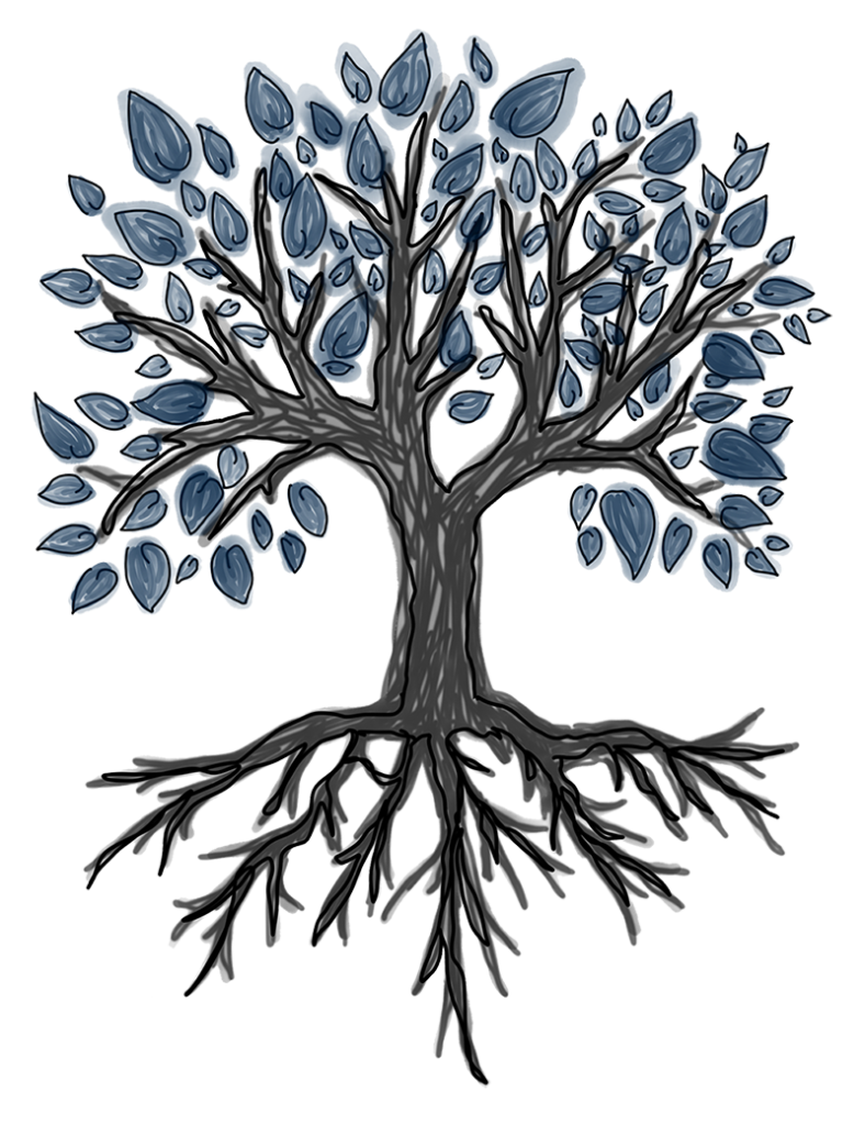 sketch of a tree with apples and leaves and shows the root system