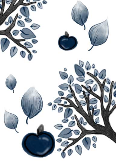drawing of tree branches and falling fruit and leaves
