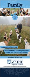 Display poster with collage of images representing a farm family; small child, female and man along with goats.. Supporting