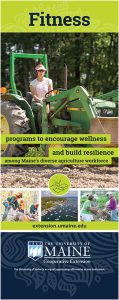 Display for farm fitness. Programs to encourage wellness and build resilience. Many phtoso, including female on a tractor and volunteers gleaning producr.