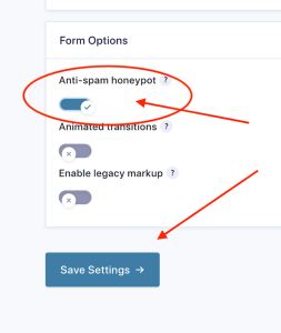 screenshot of a Gravity Form "Form Options/Anti-spam honeypot," circled with an arrow pointing to it and an arrow pointing to a "Save Settings" button