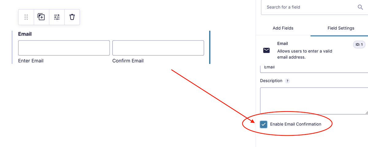 screenshot of a Gravity Form checkbox for "Enable Email Confirmation," circled with an arrow pointing to it