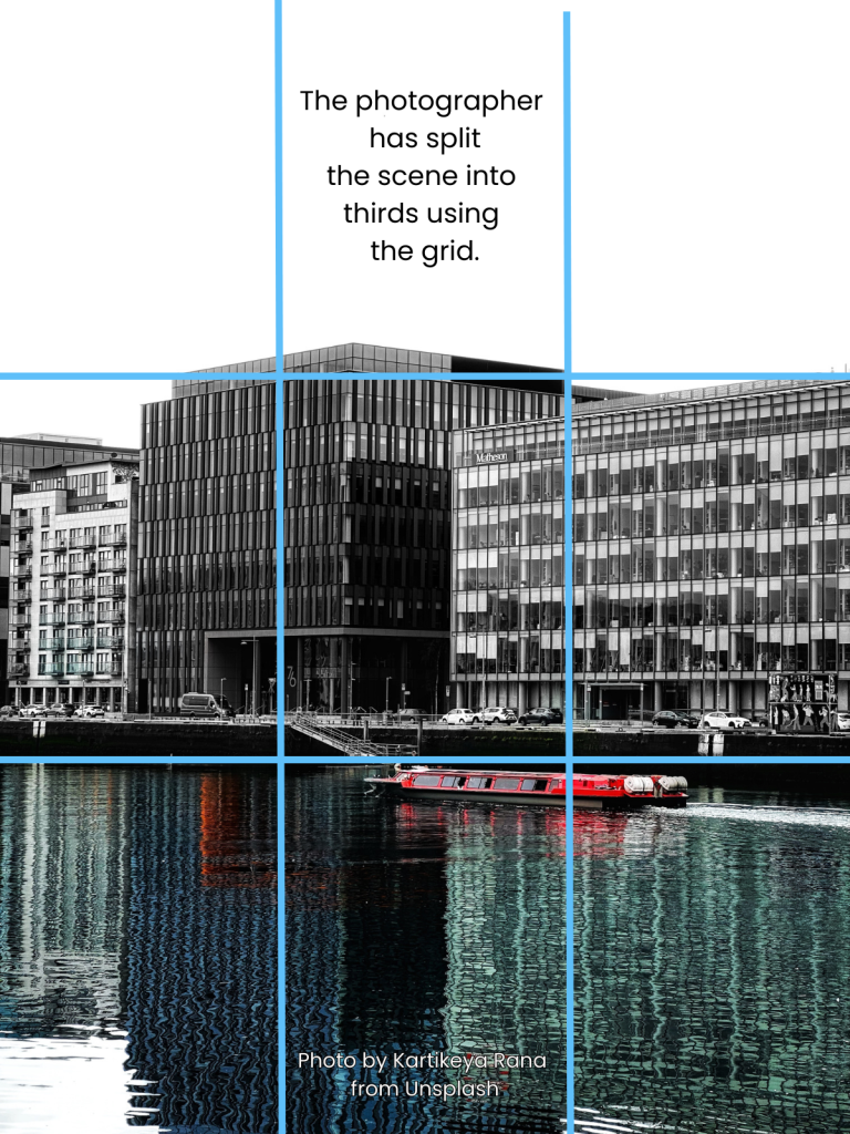 Photo of a building showing how the photographer has split the photo into thirds using a grid.