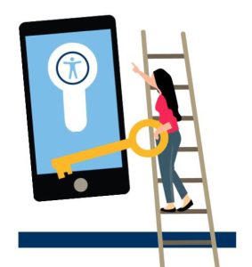 graphic of a person climbing a ladder up to an oversized mobile device with an oversized key to open a graphic of a lock with an accessibility symbol inside the keyhole