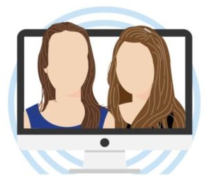 a graphic of avatars of Monica and Whitney, the CRM Support Team sitting within a computer desktop screen, to be used as part of the CRM Connections blog