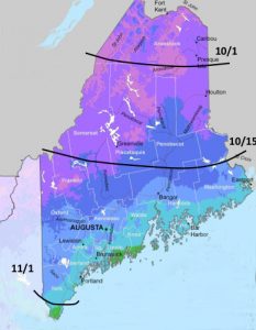 USDA map showing suggested planting dates in Maine for hardneck garlic: November 1 -- York to Lincoln; October 15 -- Lincoln to Presque Isle; October 1 -- Presque Isle to Fort Kent