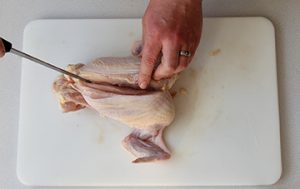 Photo showing how to cut along down the middle of the breasts to expose the keel bone.