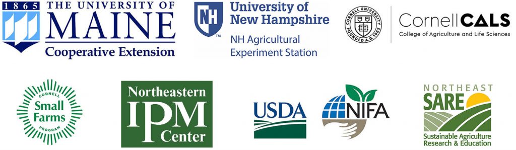 logos for: The University of Maine Cooperative Extension; University of New Hampshire NH Agricultural Eperiment Station; Cornell CALS; Cornell Small Farms Program; Northeastern IPM Center; USDA NIFA; Northeast SARE: Sustainable Agriculture Research & Education