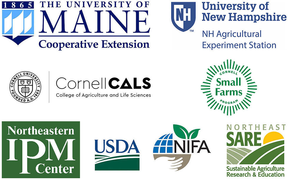 logos for: The University of Maine Cooperative Extension; University of New Hampshire NH Agricultural Eperiment Station; Cornell CALS; Cornell Small Farms Program; Northeastern IPM Center; USDA NIFA; Northeast SARE: Sustainable Agriculture Research & Education