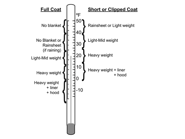 Temperature scale interpretation: For full coated horses: 40 ͦ F and above, no blanket; 25 ͦ F- 39 ͦ F, no blanket or rain sheet if raining; 15 ͦ F-24 ͦ F; light or midweight blanket; 0 ͦ F-14 ͦ F, heavyweight blanket; below 0 ͦ F heavy weight blanket, liner, and hood. For clipped horses: 40 ͦ F-50 ͦ F, rain sheet or lightweight blanket; 25 ͦ F- 39 ͦ F, light or midweight blanket; 15 ͦ F-24 ͦ F, heavyweight blanket; below 15 ͦ F heavyweight, liner, and hood.