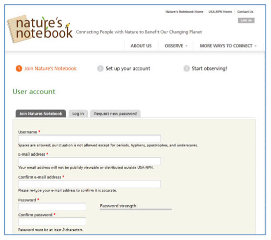 Screen shot of Nature's Notebook user account page