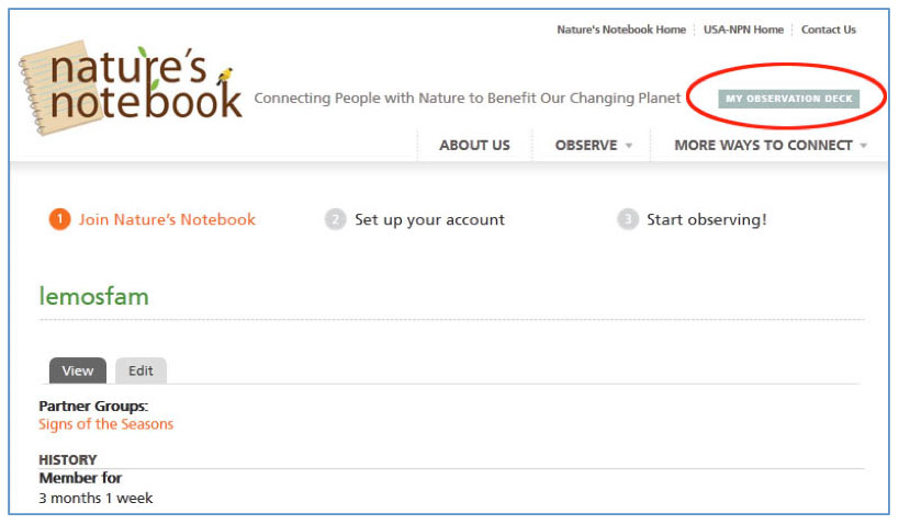 Screen shot of the Nature's Notebook User Account page