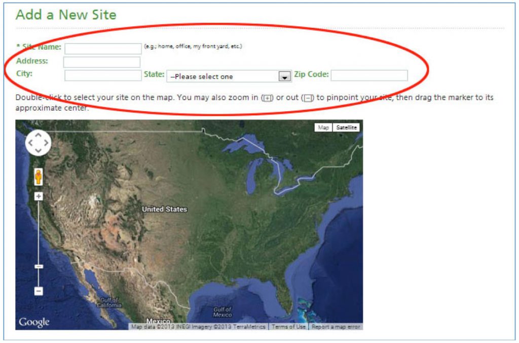 Screen shot of Add a New Site Google Earth form
