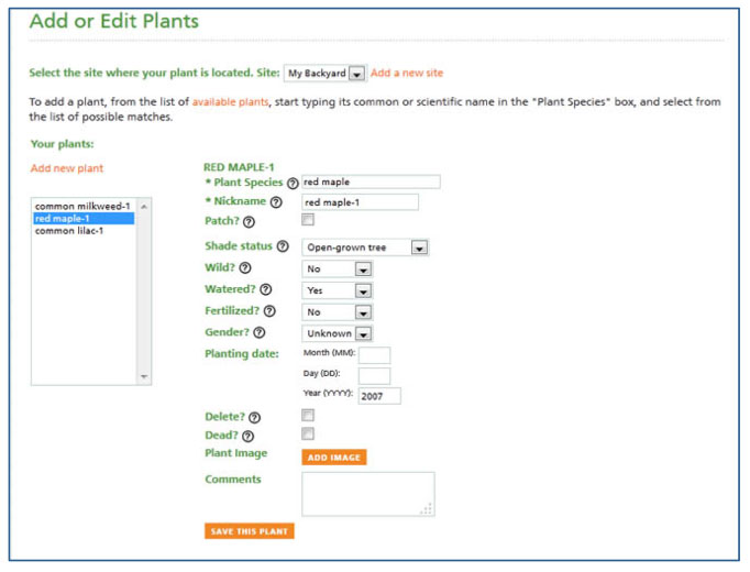 Screen shot of Add or Edot Plants form