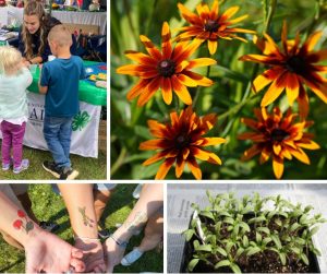 Photo Collage with youth interacting with 4-H staff, flowers, teens showing off fruit and vegetable tattoos, and tomato seedlings