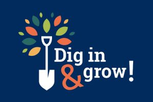 "Dig in & grow!" logo with shovel and leaves