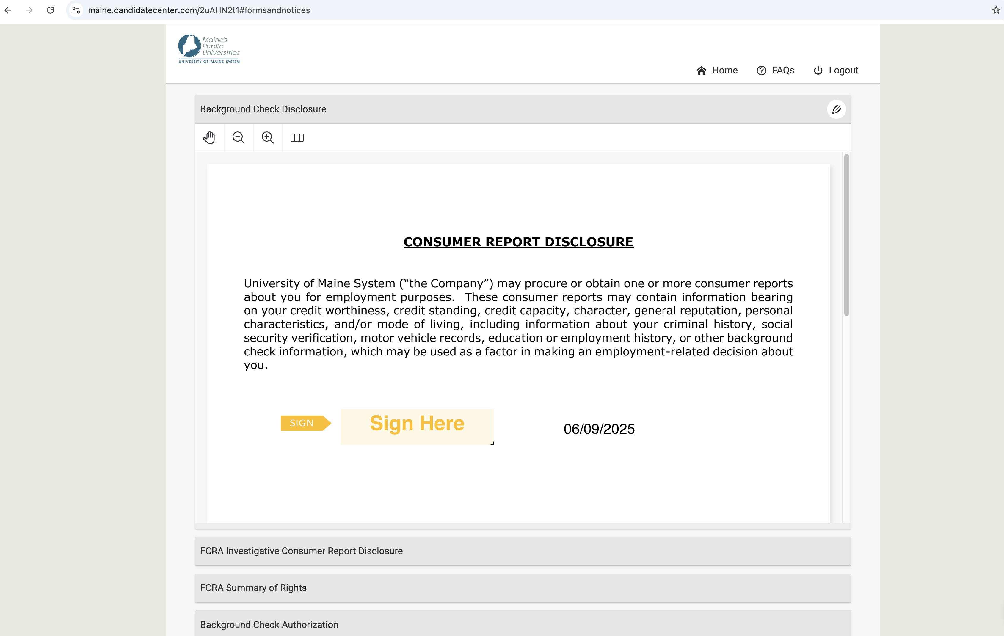 Disclosure form stating the University of Maine System may request consumer reports, with a prompt to sign and date the document.