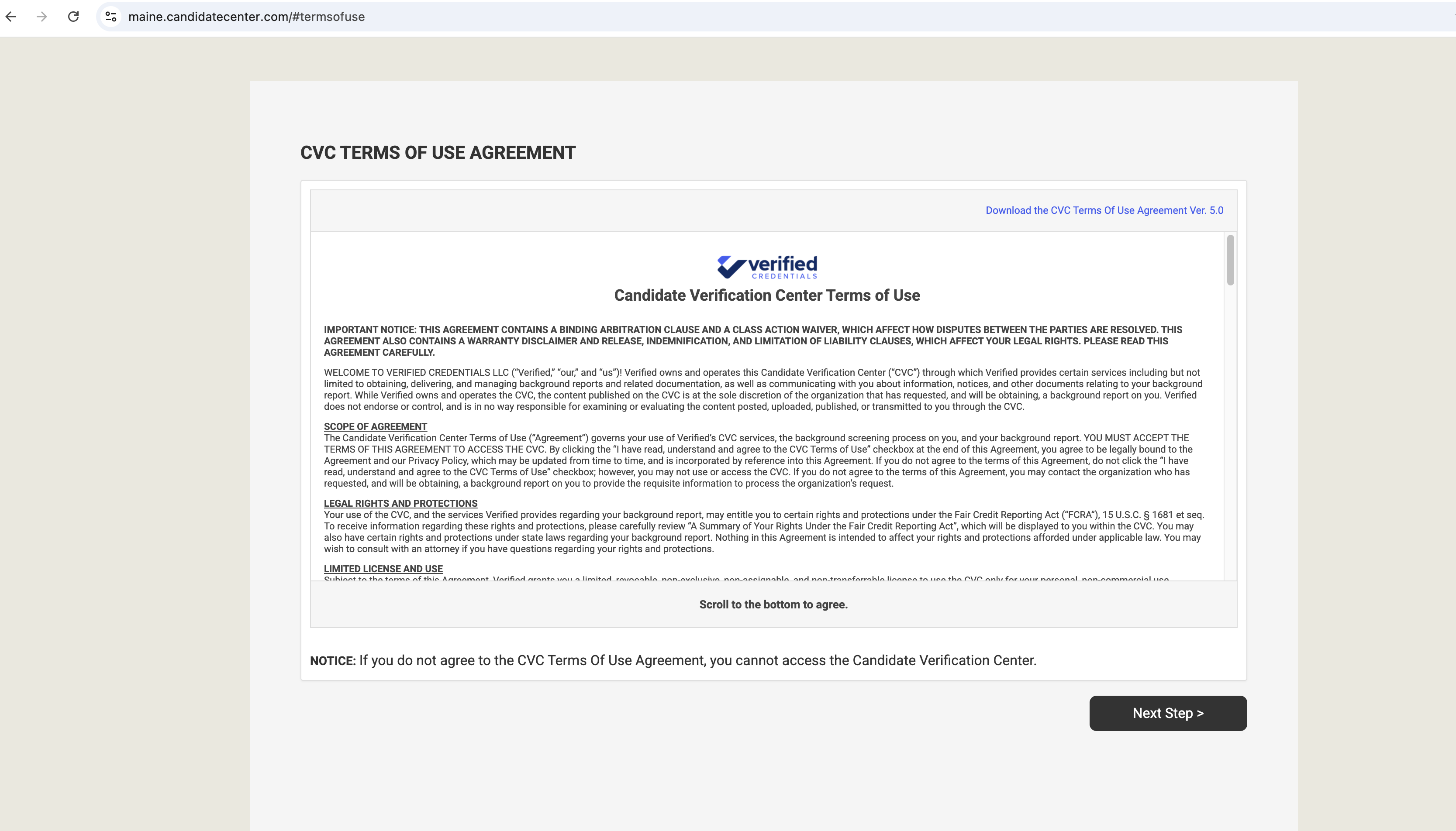 CVC Terms of Use Agreement with a scrollable text box and a button labeled “Next Step” to proceed after reading.